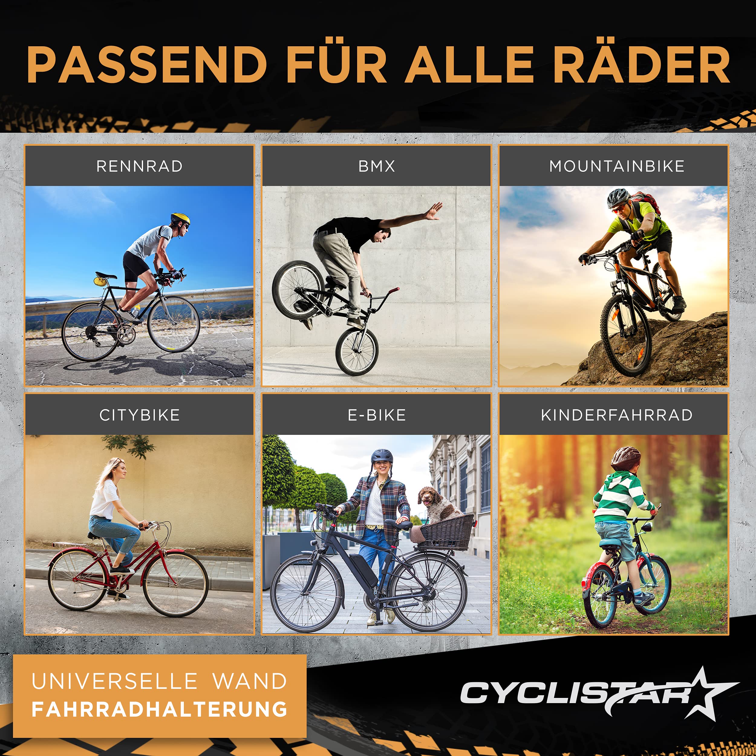 CYCLISTAR Fahrrad Wandhalterung bis 40kg − Robuste Fahrradhalterung Wand für MTB, Rennrad, E-Bike − Fahrradhalter Wand Pedalaufhängung +2x Stützwinkel