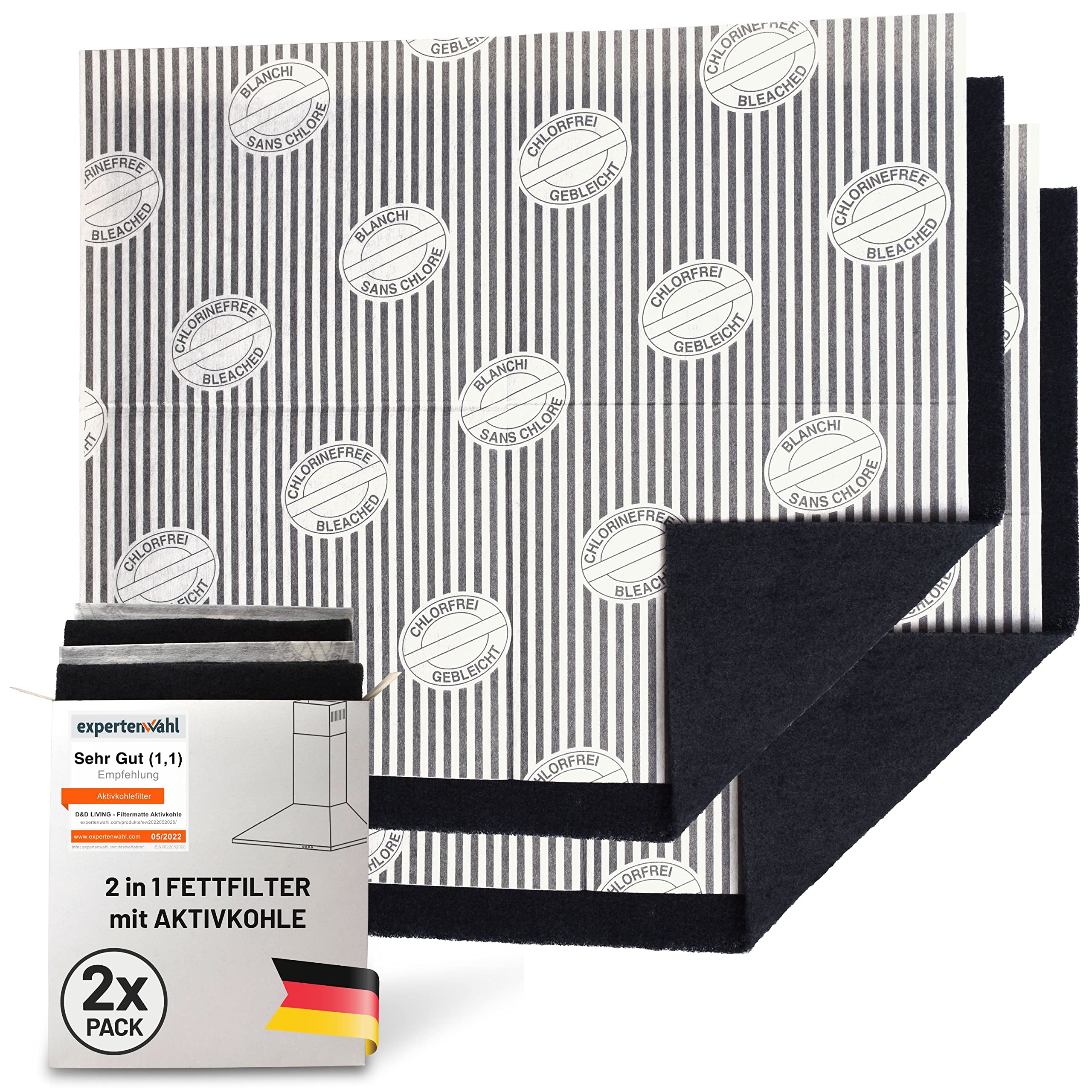 D&D Living® Aktivkohlefilter Dunstabzugshaube | 2er Pack | Fettfilter Flach + Kohlefilter für Dunstabzug Filter Abzugshaube | Aktivkohle Filtermatte zuschneidbar 57x47 cm