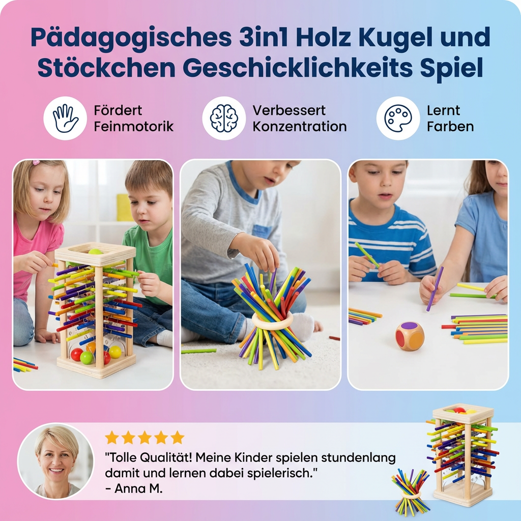 Rebolet | 3-in-1 Montessori Holz Geschicklichkeitsspiel Kugel & Stäbe