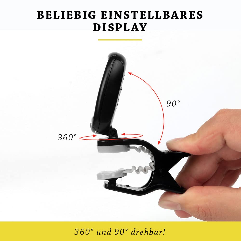 BELFORT® TuneMax kompaktes Clip-On Stimmgerät für alle Instrumente - Universal-Stimmgerät für Gitarre, Ukulele, Violine, Bass und Chromatisch (Universal Modus) + BONUS: eBook