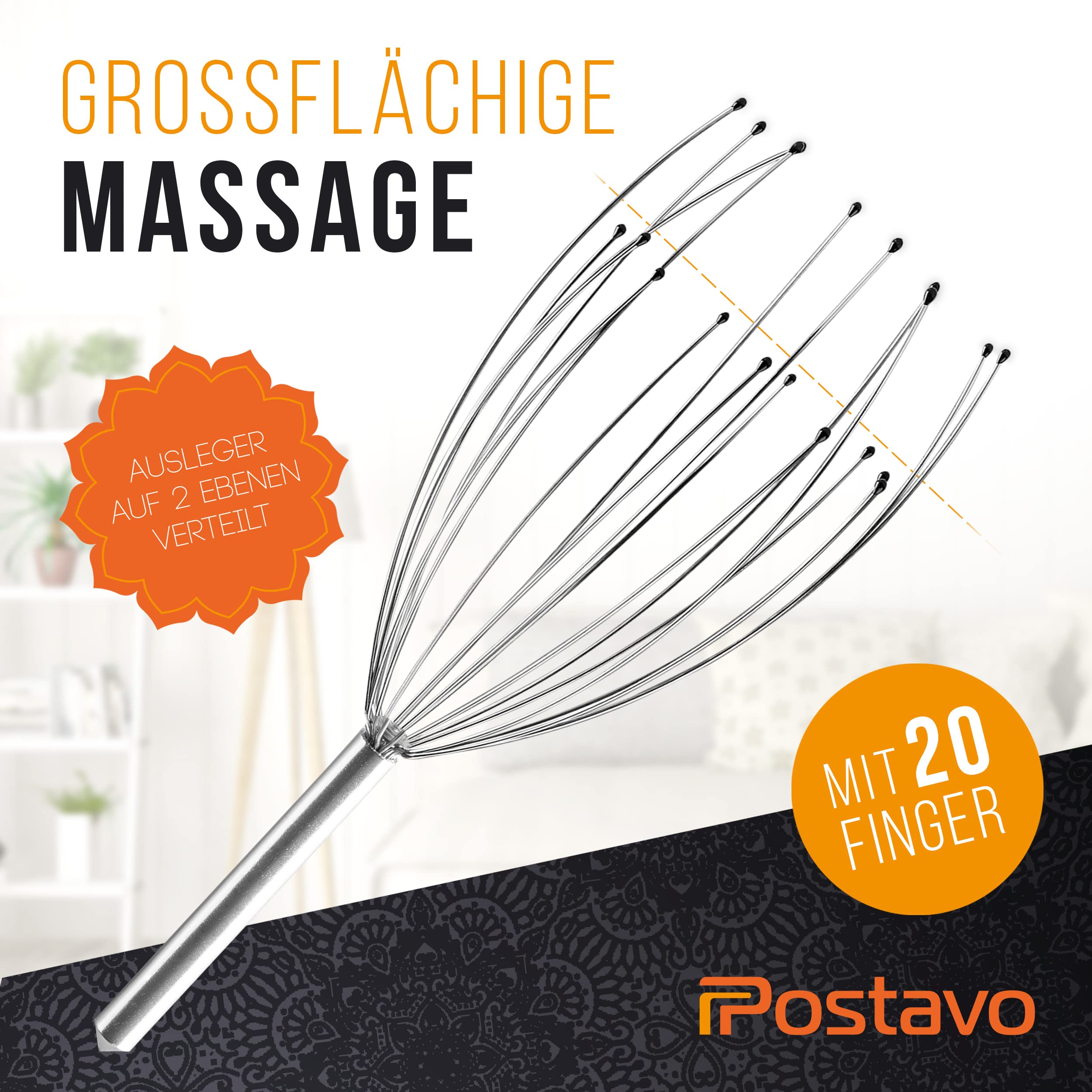 Postavo [ORIGINAL] Kopfmassage Spinne - Kopfmassagegerät mit 20 Fingern - Für perfekte Entspannung & eine bessere Durchblutung - Kopfhaut Massagebürste mit ergonomischen Griff aus Edelstahl