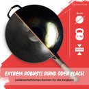 Flavemotion Wok [VOREINGEBRANNT]+ Wokring, für Induktion, E-Herd (Flacher Boden, 36 cm groß) handgehämmerte Wokpfanne aus Karbonstahl inkl. Wokring zum Abstellen