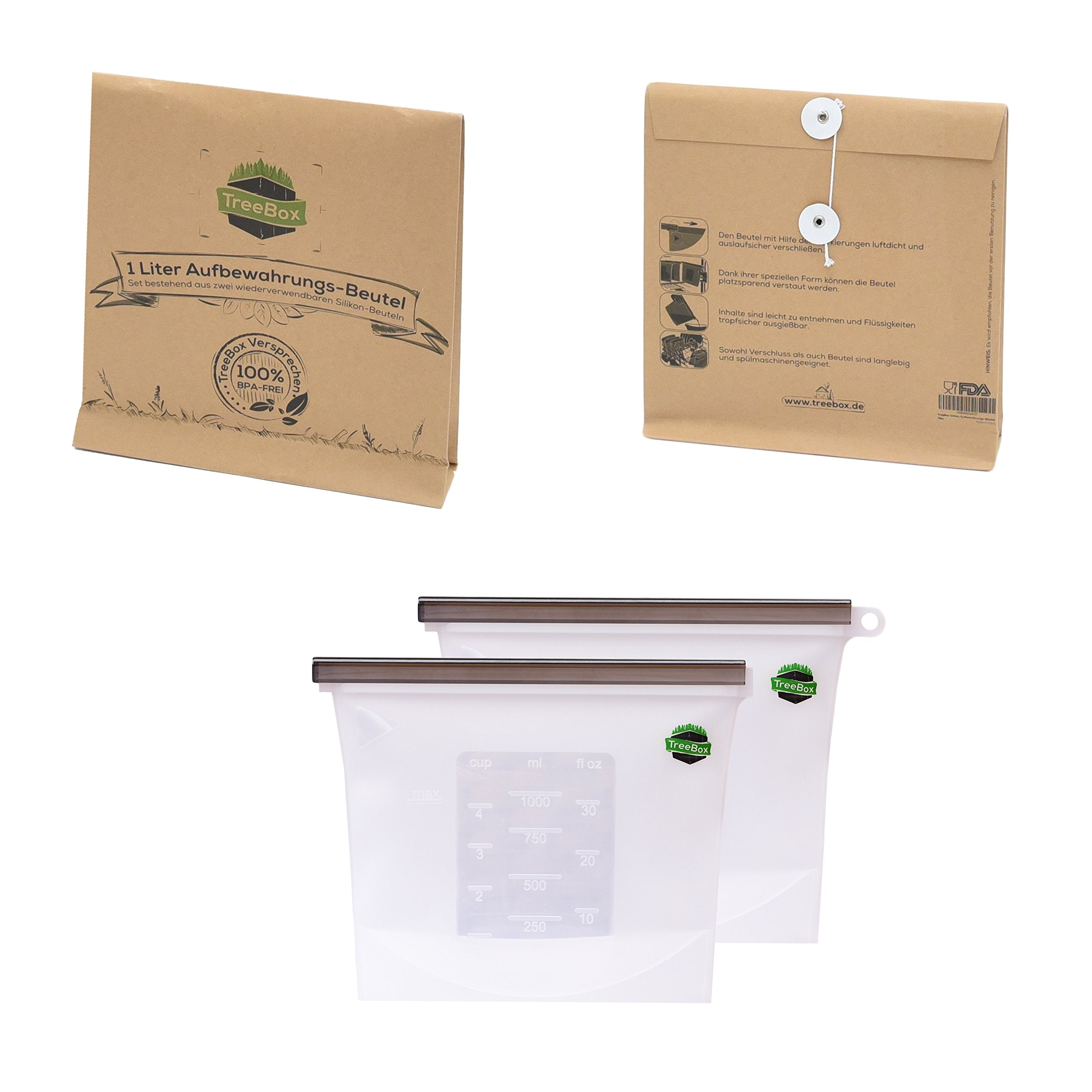 TreeBox Silikon Aufbewahrungsbeutel 2er Set | Alternative zu Gefrier- und Frischhaltebeutel | Kühlschrank Organizer | Marinierbeutel | Auslaufsicher | Geruchsdicht | 1000ml