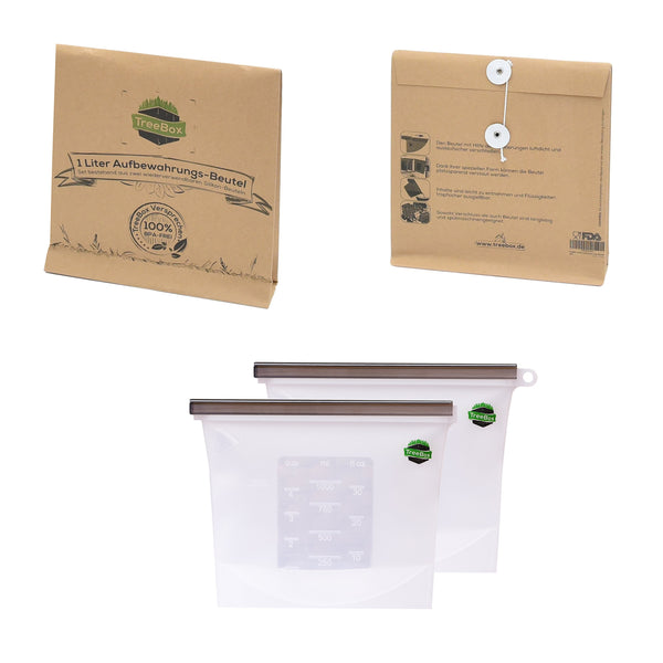 TreeBox Silikon Aufbewahrungsbeutel 2er Set | Alternative zu Gefrier- und Frischhaltebeutel | Kühlschrank Organizer | Marinierbeutel | Auslaufsicher | Geruchsdicht | 1000ml