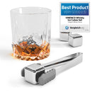 Whisky Steine Set - 6 Wiederverwendbare Edelstahl Eiswürfel + 2 Gläser, Zange | Whiskey Ice Cubes Metall Kühlsteine Bar Zubehör Cocktail Rocks Gin Stones Dekorationszubehör Geschenk Whiskysteine