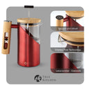 TRUE KITCHEN French Press aus Edelstahl + Glas + Bambus I Kaffeezubereiter I ca. 0,5 L (für 3 Tassen) I Kaffee Presse Thermo doppelwandig isoliert I Rot I Kaffeepresse