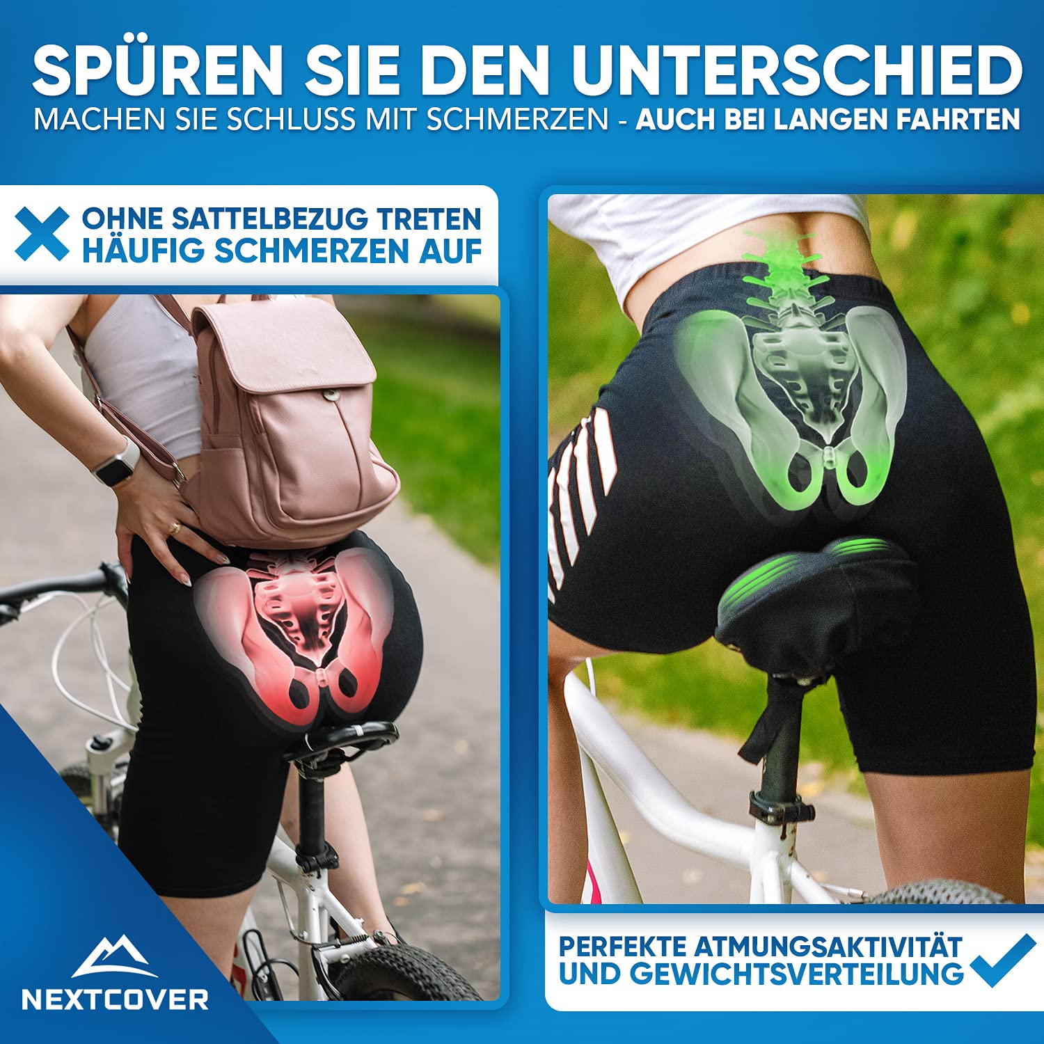 Nextcover NEU Universal Gel Sattelbezug Fahrrad inkl. Regenschutz [Memory-Foam] I Fahrradsattel Überzug mit mehrschichtigem Polster I Sattelschutz Fahrradsitz für Damen & Herren