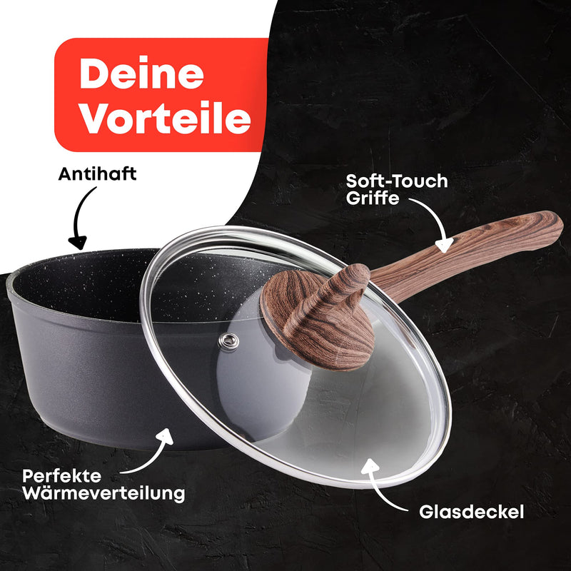 Quisn® Kochtopf Set | Induktions Töpfe Set mit Pfanne & Marmorbeschichtung | Aluguss Topfset ideal für Induktion, Gas & Ceranfeld | Küchenset Erstausstattung für die erste Wohnung