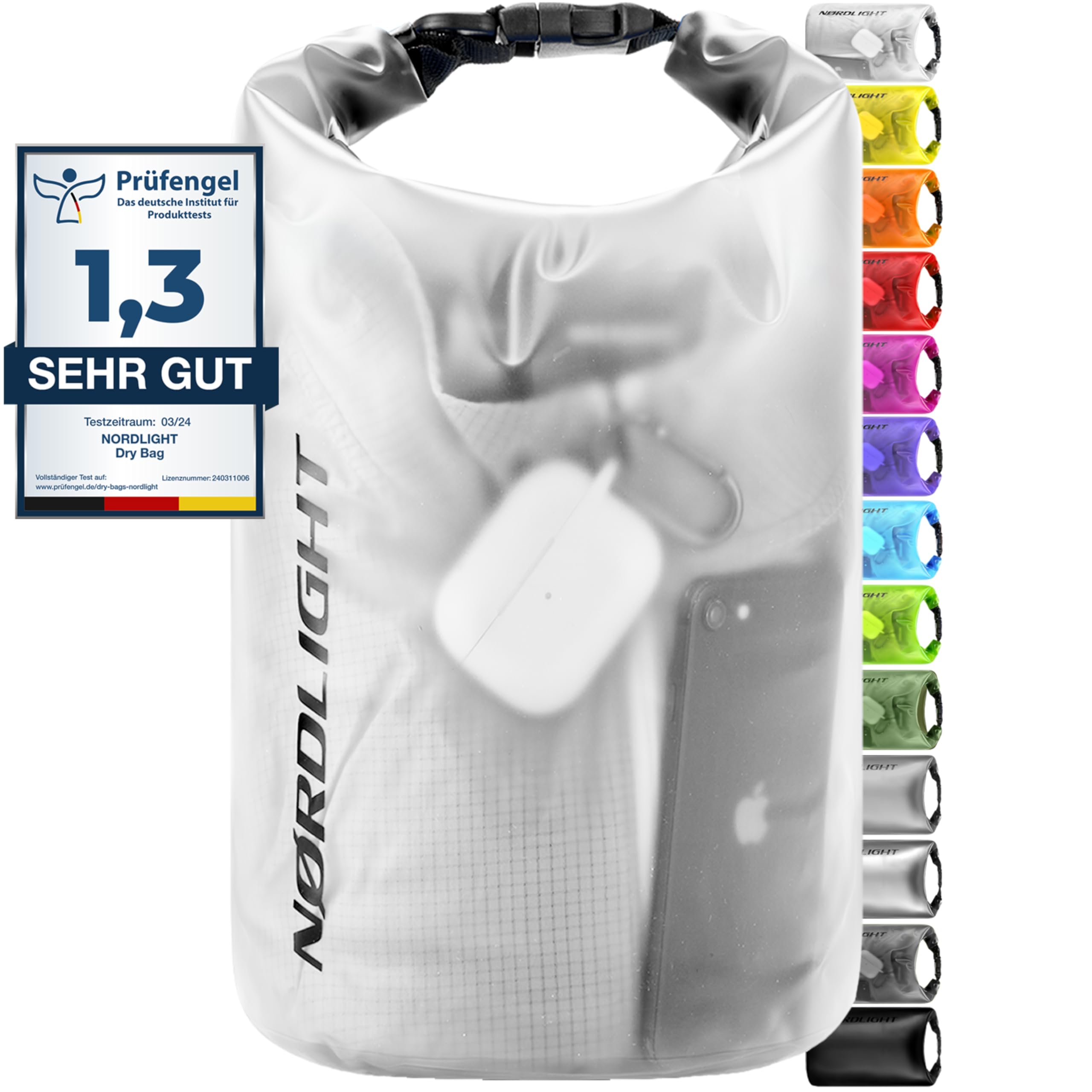 Nordlight Dry Bag 2L Wasserdichter Beutel - (Transparent) Wasserdichter Packsack Mit Roll Top Verschluss Und Schultergurt | Schwimmen, Baden, Strand, Kanu, Stand Up Paddling, Tauchen