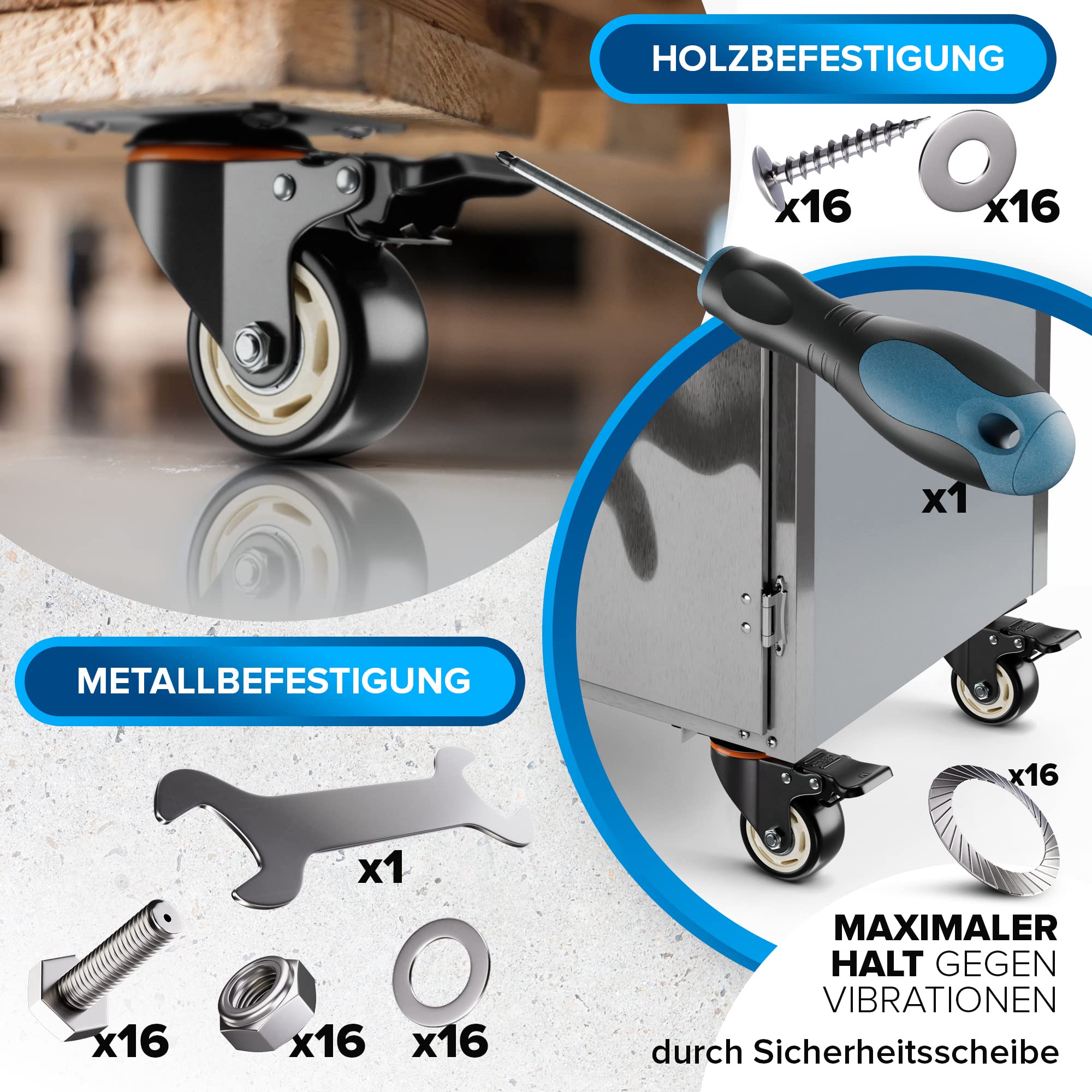 PEARWAY™ Premium Lenkrollen 75mm mit Bremse [4 Stk] inkl. Montagezubehör I Robuste Transportrollen mit 4 Sicherheitsbremsen I Schwerlast Rollen mit Bremse für Innen & Außen I Möbelrollen bis 500kg