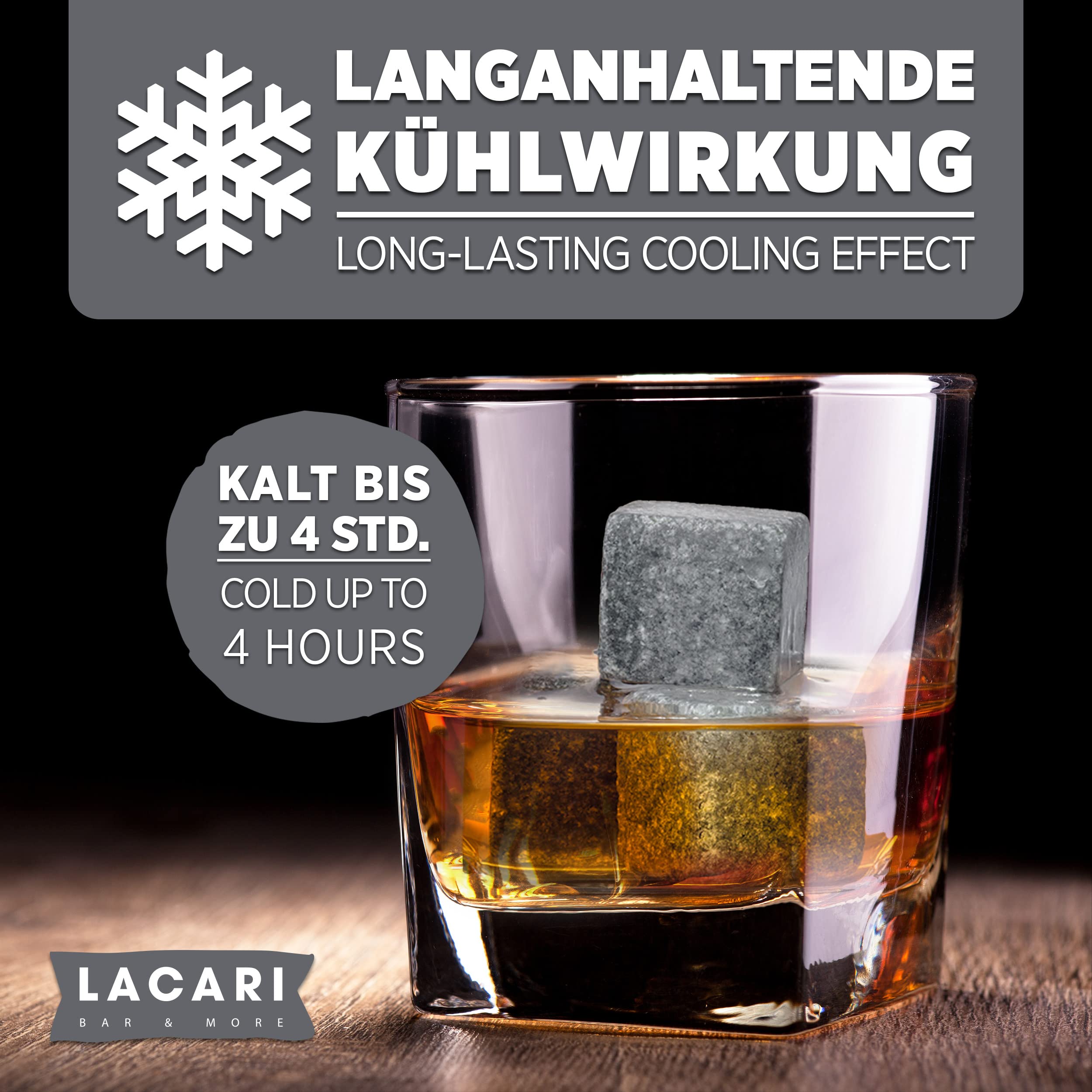 Whisky Steine | 9x Wiederverwendbare Eiswürfel | Lacari ORIGINAL Whiskey Steine | Whisky Geschenkset mit Holzbox, Zange & Stoffbeutel | Kein Verwässern für Whiskey, Rum, Gin | Geschenk Geburtstag