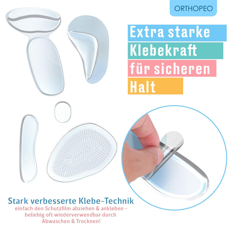 ORTHOPEO Premium Fersenpolster I Silikon I Gel I gegen Blasen & Reibung I 14er Set Silikonpolster Gelpolster Gelkissen Fersenschutz Ballenpolster Antirutsch im Schuh High Heels Schuhpolster