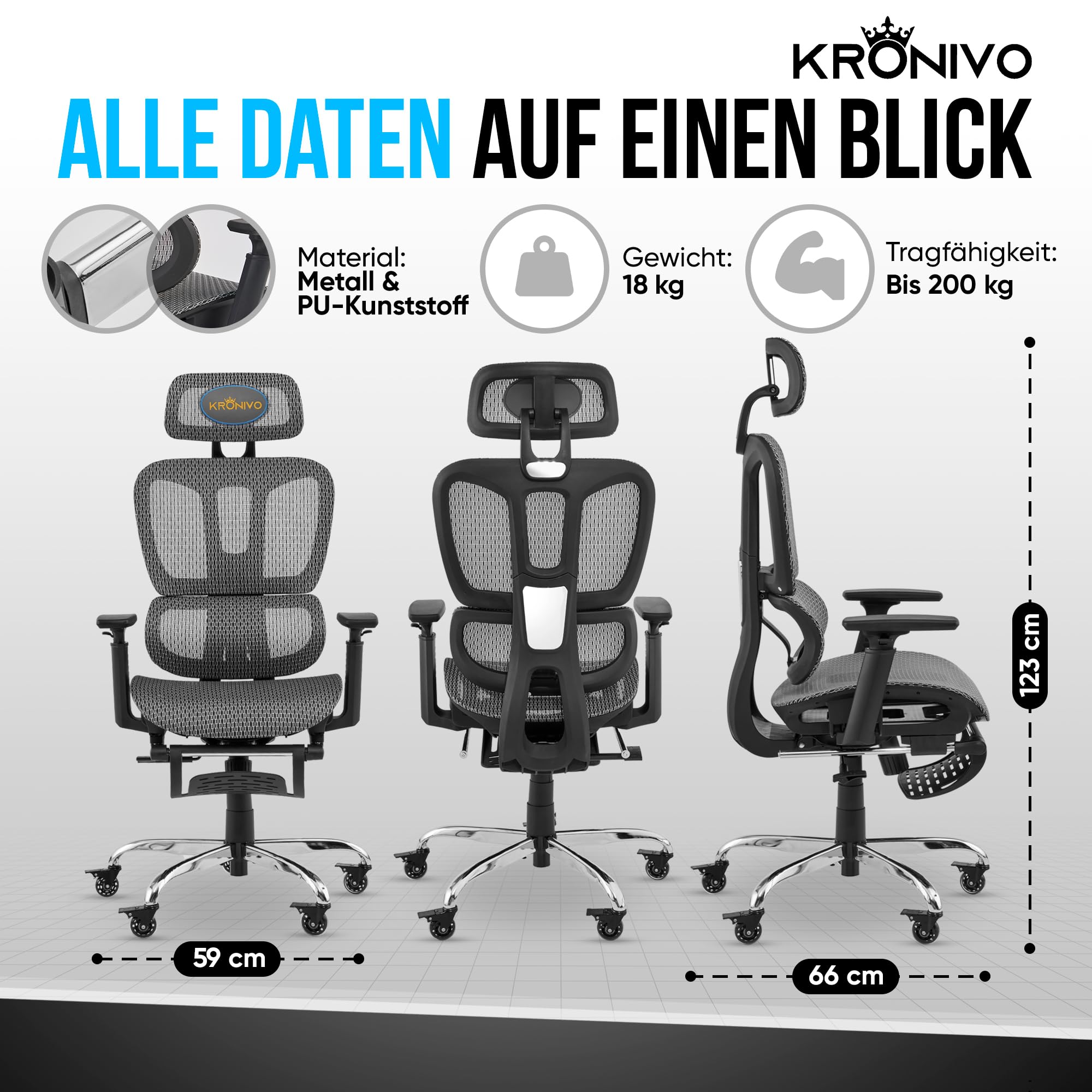 KRONIVO Bürostuhl Ergonomisch, Schreibtischstuhl mit Fußstütze | Office Chair Ergonomic mit Kopfstütze Armlehnen Lendenwirbelstütze | Schreibtisch Stuhl mit Rollen rückenschonend bis 200kg