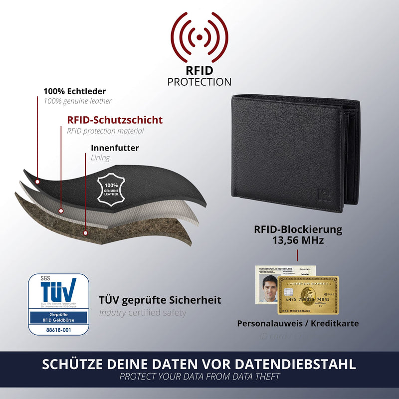 KRONIFY Leder Geldbörse Herren I Echtleder Geldbeutel I RFID Schutz I Querformat I Portmonee mit Münzfach I 13 Kartenfächer I Männer Portemonnaie verstärkte Naht I Geschenk Box I Nappa Schwarz