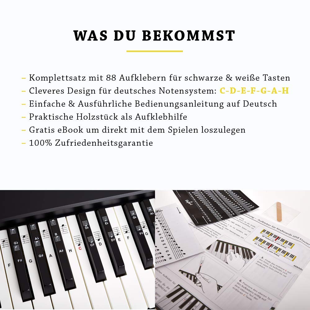 BELFORT® Klavier + Keyboard Noten-Aufkleber für 49 | 61 | 76 | 88 Tasten + Ebook | Piano Sticker Komplettsatz für schwarze + weisse Tasten | C-D-E-F-G-A-H | Einfache deutsche Anleitung