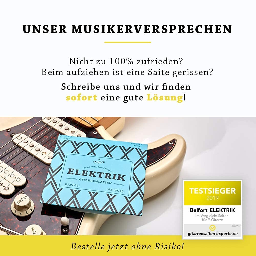 BELFORT® E-Gitarren-Saiten - Erstklassige Nickel-Saiten für E-Gitarre (6-Saiten-Set) | inkl. 4 Plektren + Extra hohe E-Saite