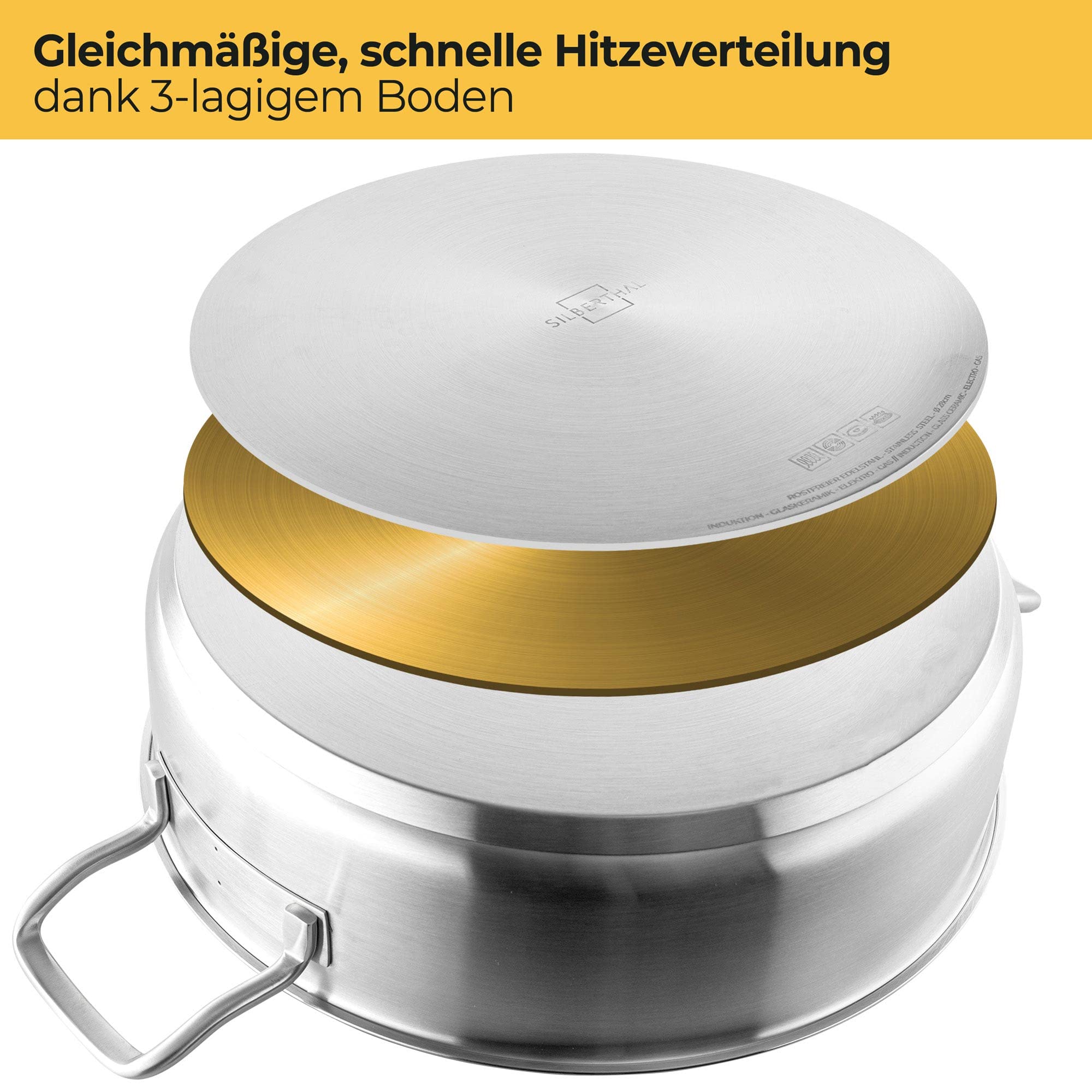 SILBERTHAL Servierpfanne 28 cm hoher Rand - Induktion - Edelstahl - Beschichtete Schmorpfanne mit Deckel - 5l - Backofengeeignet