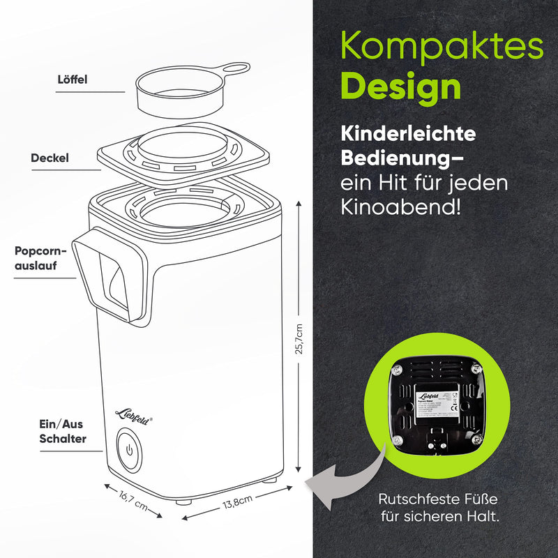 ﻿Liebfeld Popcornmaschine - Heißluft Popcorn Maker ohne Fett & Öl - Retro Küchen Gadget für Pop Mais mit Zucker, Salz - Cooler Snack Automat (Weiß)