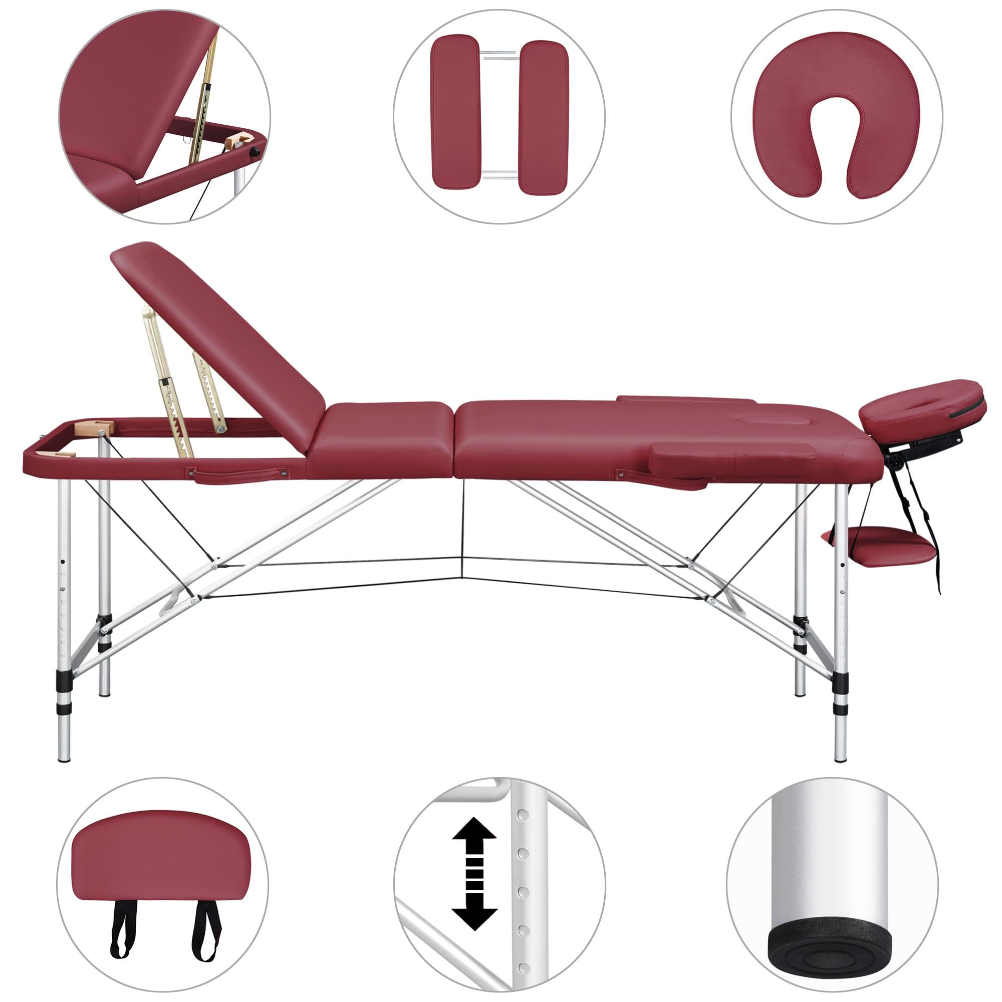 Yaheetech 3 Zonen Massageliege Klappbar & Höhenverstellbar Aluminium Massagetisch inkl. Abnehmbarer Kopfstütze & Armlehnen 60 cm Breit Burgunderrot