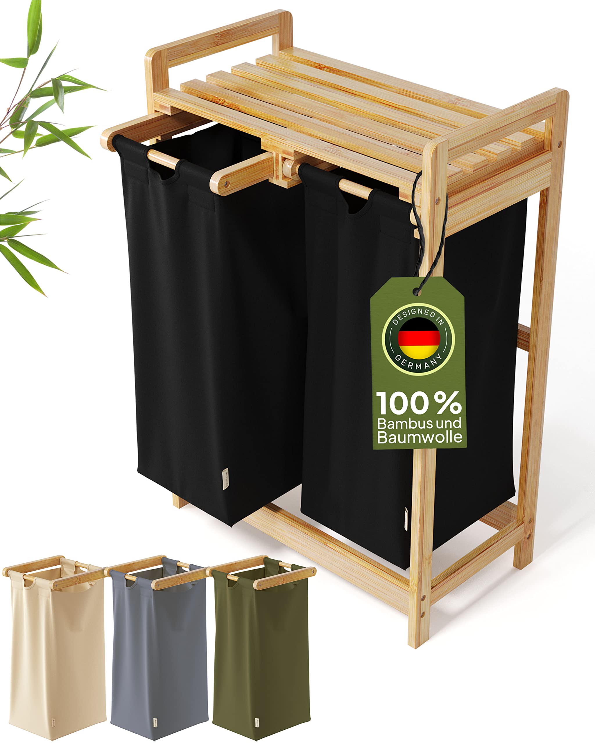 AMBIAVO® Wäschekorb 2 Fächer [schwarz, 100% Baumwolle, Bambus, 60 l Volumen] | Wäschesammler für Schmutzwäsche| Wäsche Sortiersystem | Wäschesortierer Holz | Wäschebox | laundry baskets