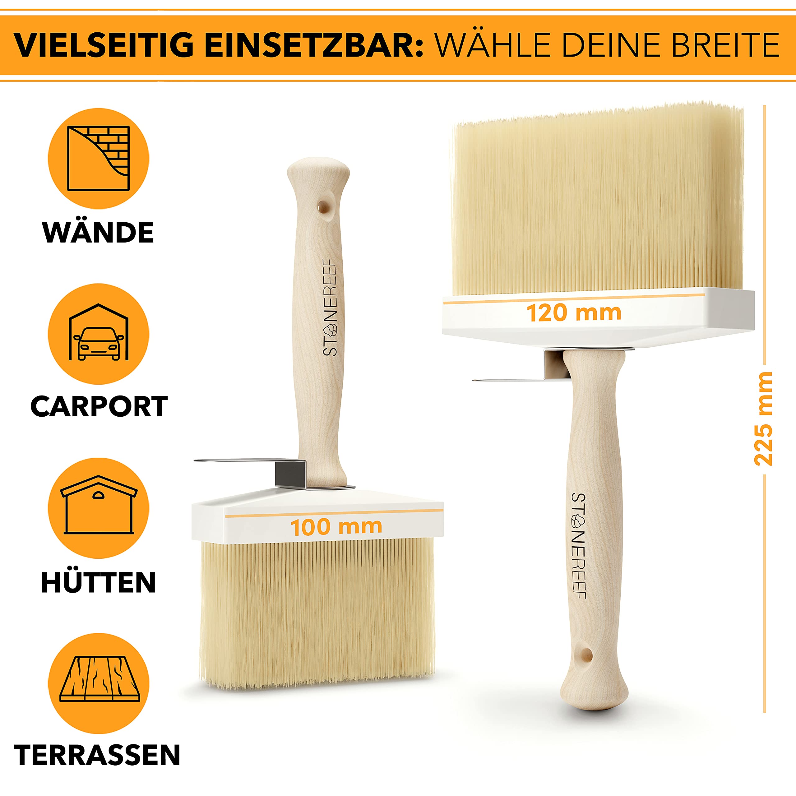 STONE REEF Flächenstreicher Premium [100% Made in Germany] Größe 120mm – Lasurpinsel für Holz außen, Quast, Tapezierbürste, Tapezierwerkzeug, Pinsel breit, Pinsel Holz streichen, Flachpinsel