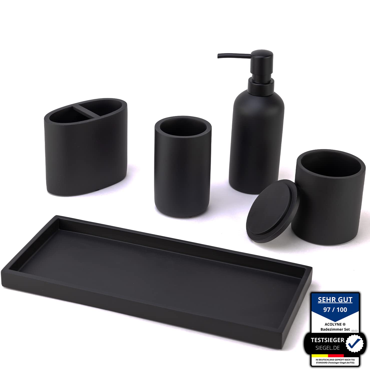 𝐀𝐜𝐨𝐥𝐲𝐧𝐞® Premium 5-teiliges Badezimmer Set aus [Hochwertigem Harz] als Bad Accessoires | Seifenspender oder Organizer | Zahnputzbecher | Zubehör