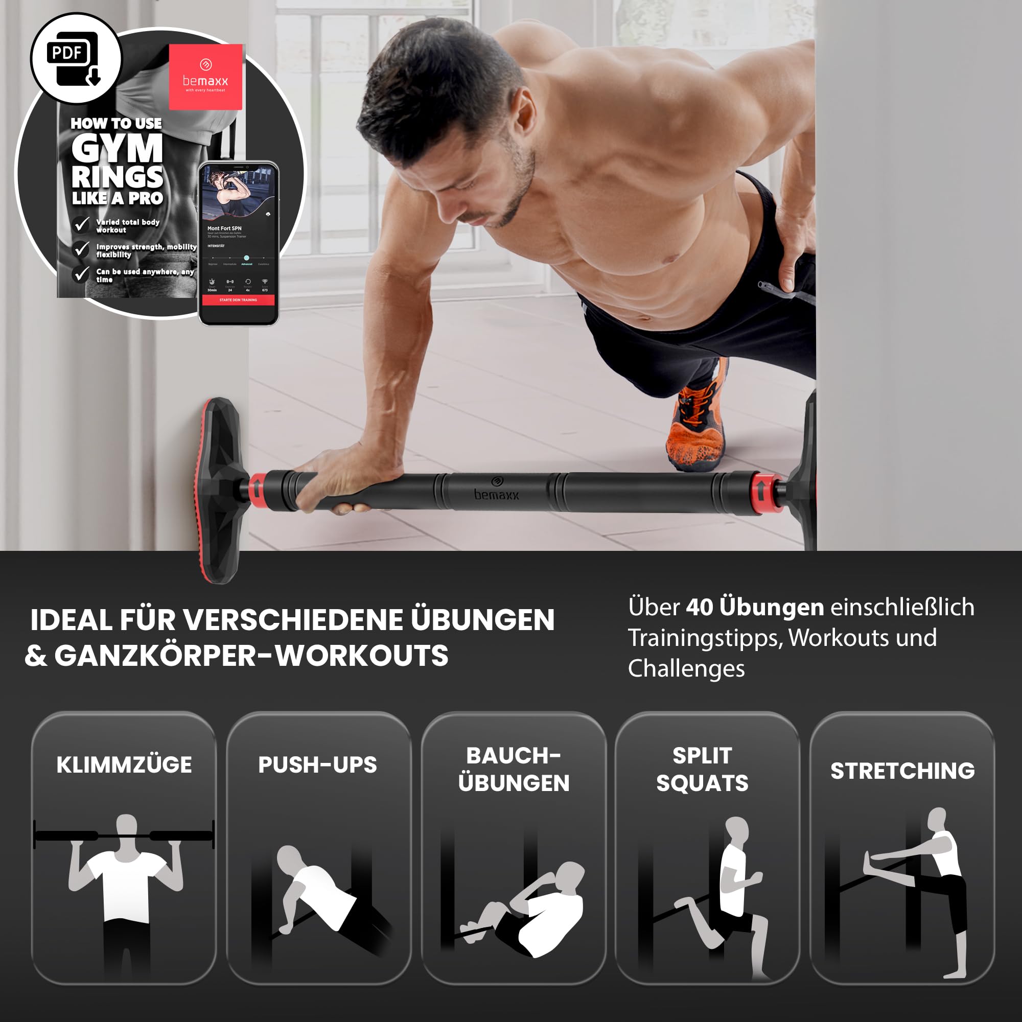 BeMaxx Klimmzugstange für Türrahmen ohne Schrauben/Bohren + Trainings-eBook - Profi Türreck Pull Up Dip Bar, gepolsterte Griffe | Klimmzug Stange zum Einhängen in Tür Zuhause, Fitness Workout Sport