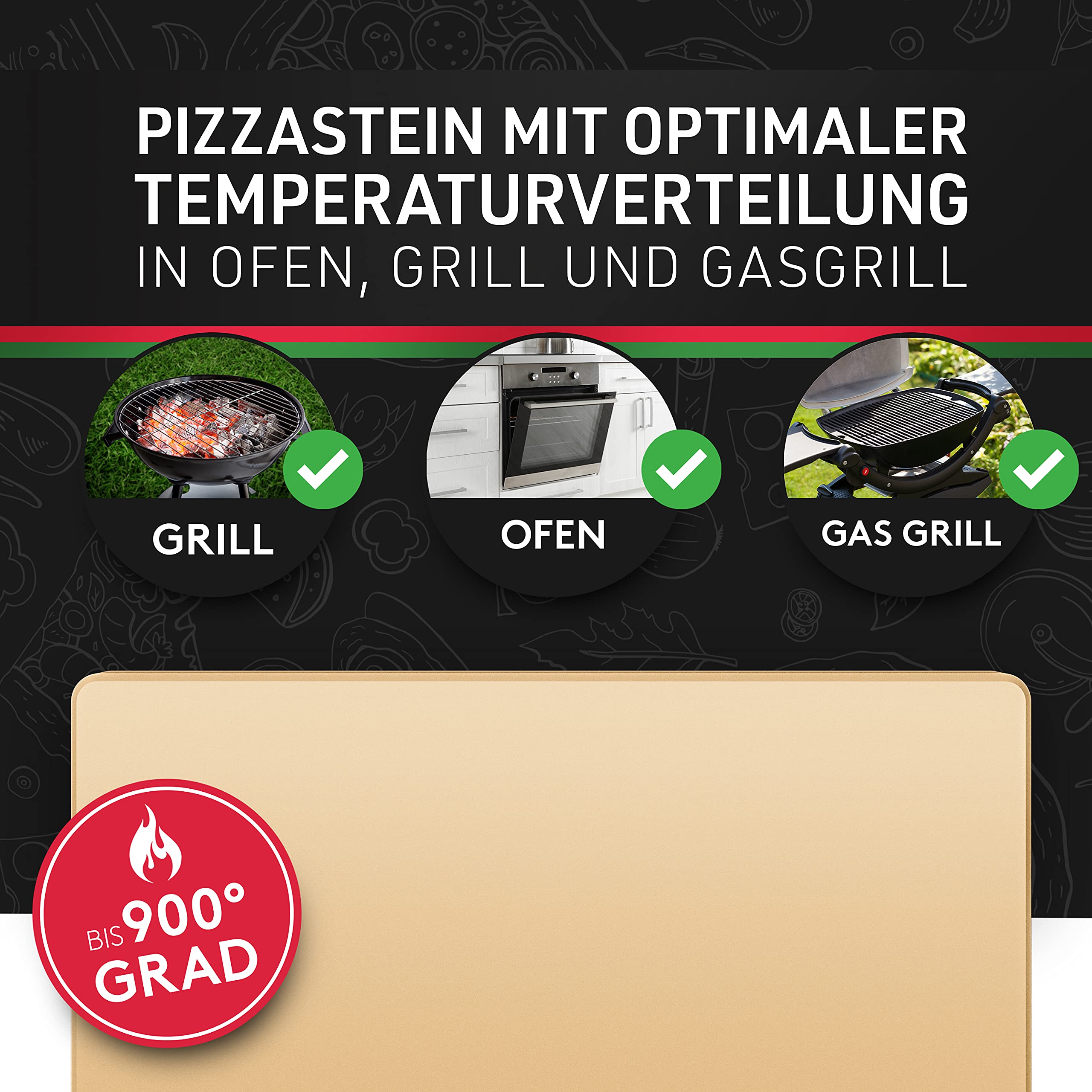 Pizza Divertimento - DAS ORIGINAL - Pizzastein für Backofen & Gasgrill – Vergleich.org ausgezeichnet - Pizza Stein aus Cordierit bis 900 °C – Für knusprigen Boden & saftigen Belag - Inkl. e-Rezeptbuch