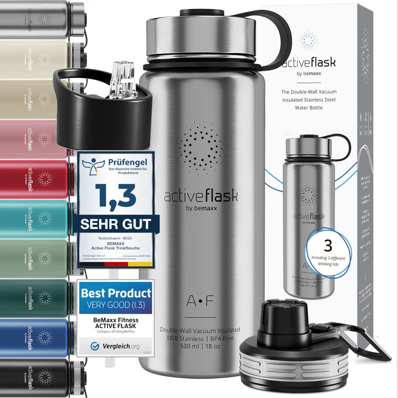 Trinkflasche Edelstahl ACTIVE FLASK + Strohhalm (3 Deckel) BPA-frei, Auslaufsicher, Kohlensäure geeignet - Wasserflasche Fahrrad Thermosflasche Isoliert Isolierflasche Sport Wasser Flasche Kinder Tee