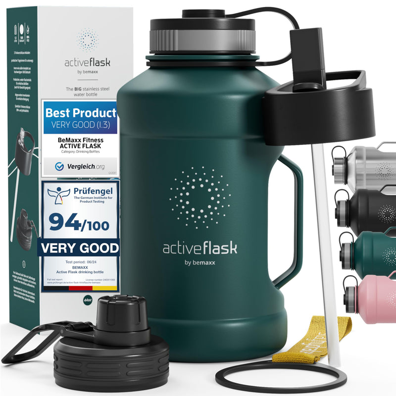 BeMaxx Trinkflasche Edelstahl ACTIVE FLASK + Strohhalm (3 Deckel) | Große 1,3 Liter Sportflasche BPA-frei Auslaufsicher Kohlensäure geeignet, 2l XL Wasserflasche Sport Outdoor Fitness Wasser Flasche