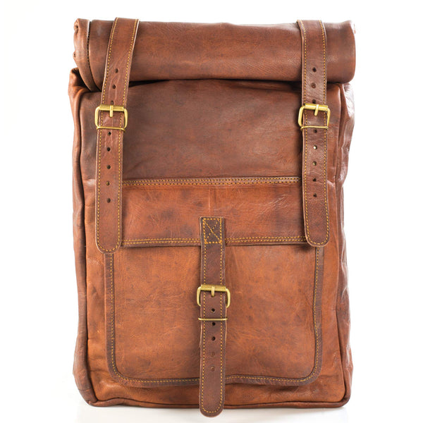 LEABAGS Ricardo Rolltop Rucksack für Damen und Herren aus echtem Leder im Vintage Look I Tagesrucksack I Daypack I 30x10x40cm