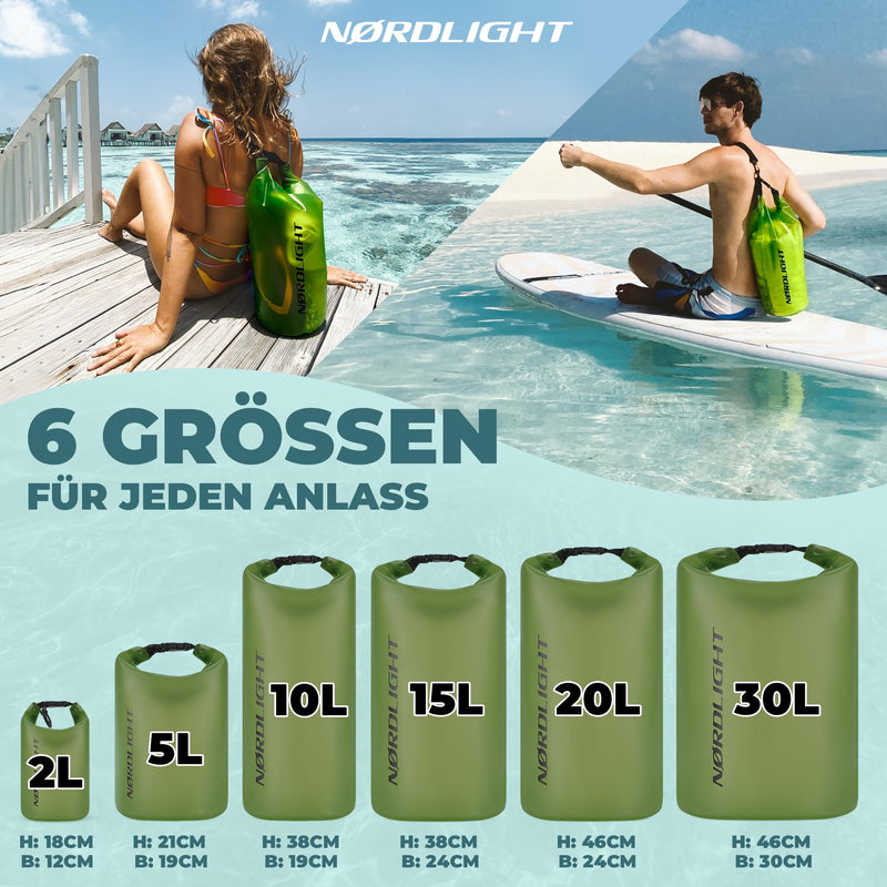 Nordlight Dry Bag 5L Wasserdichter Beutel - (Olivgrün) Wasserdichter Packsack Mit Roll Top Verschluss Und Schultergurt | Schwimmen, Baden, Strand, Kanu, Stand Up Paddling, Tauchen