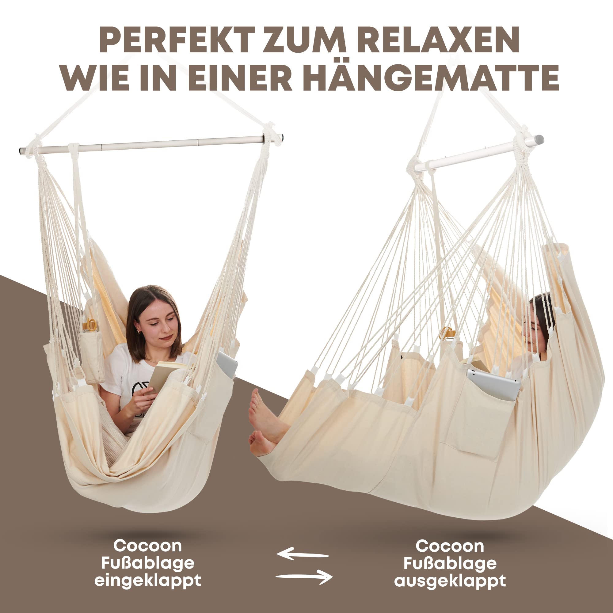 NearDistance® Hängesessel Unity mit Montageset, Hängestuhl Indoor Outdoor, Hängesessel ohne Gestell, Hängeschaukel für Erwachsene & Kinder, mit Fußablage & Kissen (Beige MIT Montageset)