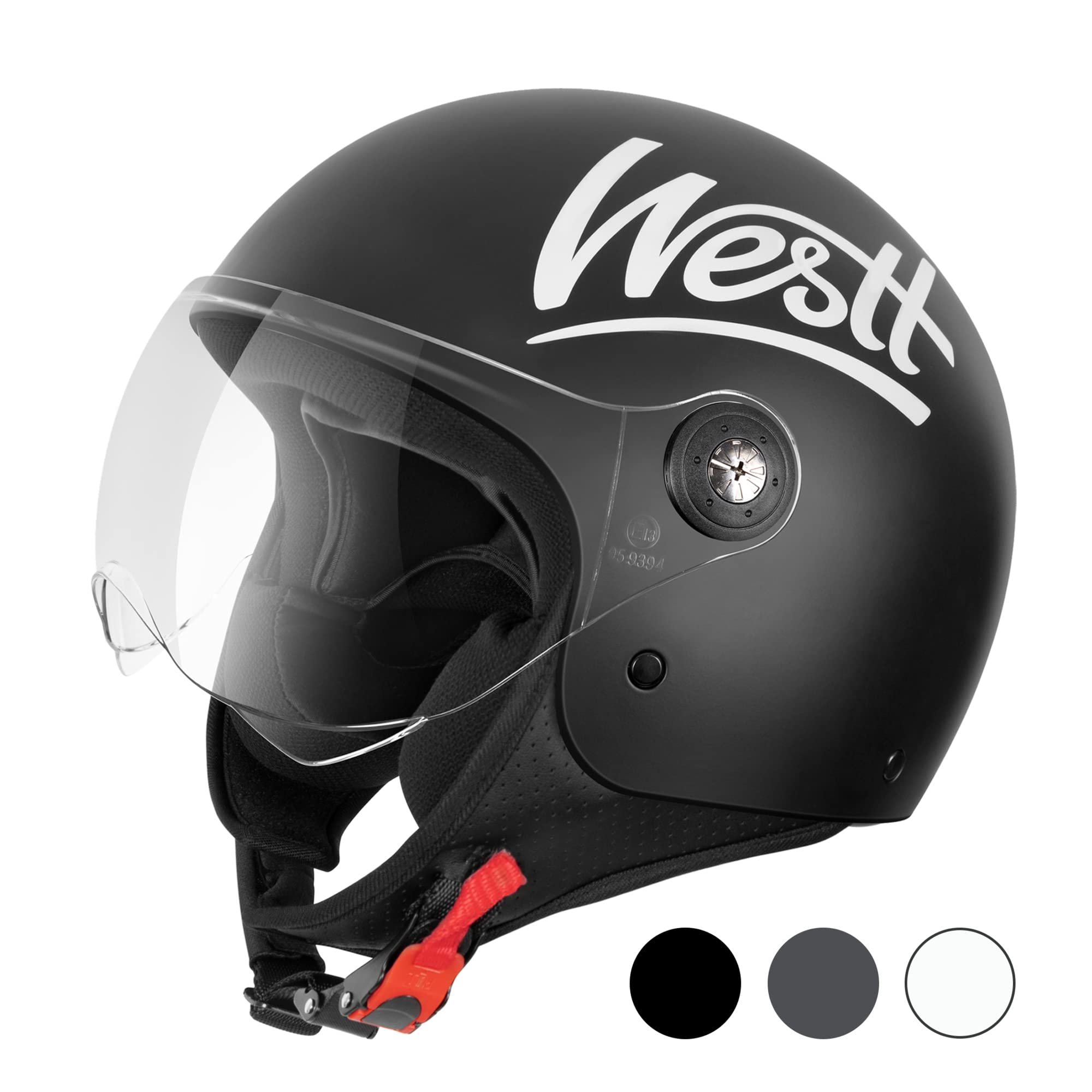 Westt Classic Jethelm mit Visier Motorradhelm Herren Damen Roller Chopper Helm Mopedhelm Retro Mofa Helm Motorrad Pilotenhelm Halbschalenhelm mit ECE DOT Zulassung, matt schwarz, L (57-58 cm)