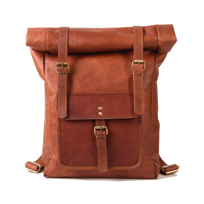 Leather Lane 'Ricardo' Rucksack Echtes Leder Vintage Roll Top Tagesrucksack für Damen und Herren Fahrradrucksack Kurierrucksack Laptoprucksack rollbar Naturleder Braun