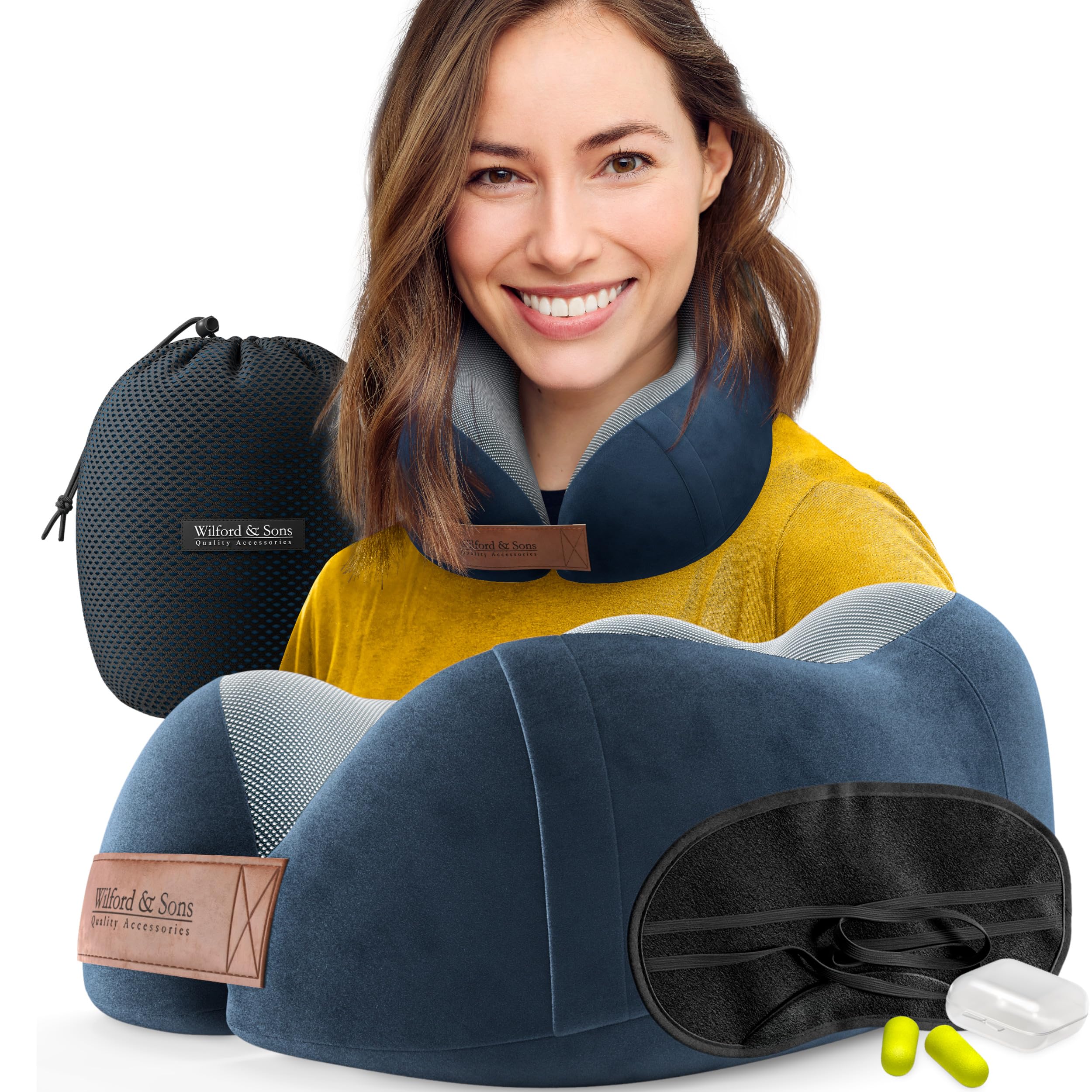 Nackenhörnchen Reise Nackenkissen Travel Pillow Set: Schlafmaske + Ohrstöpsel + Tasche | Weiches Reisekissen Nacken Polster Memory Foam Nackenrolle Schaum Kissen Nackenstützkissen Neck Auto Bus Zug