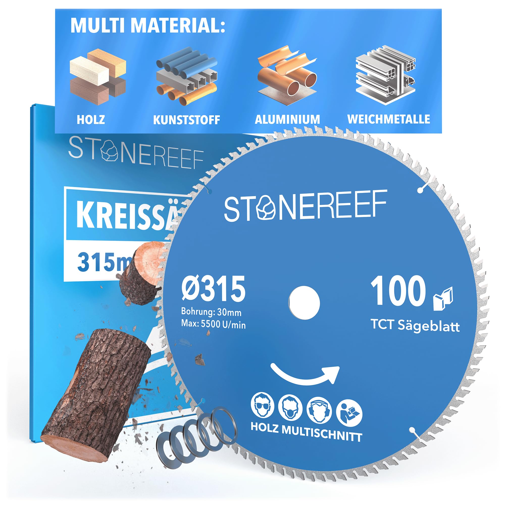 STONE REEF Sägeblatt 315x30 - Kreissägeblatt [Adapter auf Bohrung 16/20/22,23/25,4mm], kompatibel mit Tauchsäge & Kreissäge von Bosch, Makita usw.; Sägeblatt Kreissäge Nagelfest für Holz, Metall & Alu