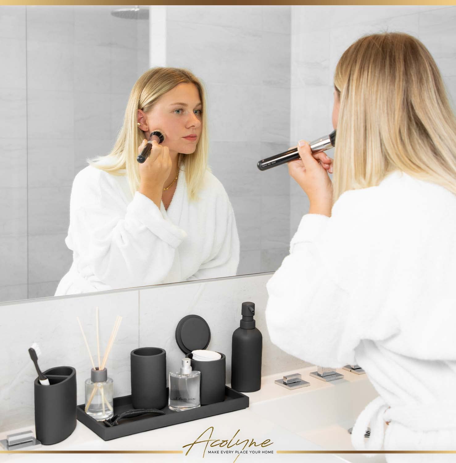 𝐀𝐜𝐨𝐥𝐲𝐧𝐞® Premium 5-teiliges Badezimmer Set aus [Hochwertigem Harz] als Bad Accessoires | Seifenspender oder Organizer | Zahnputzbecher | Zubehör