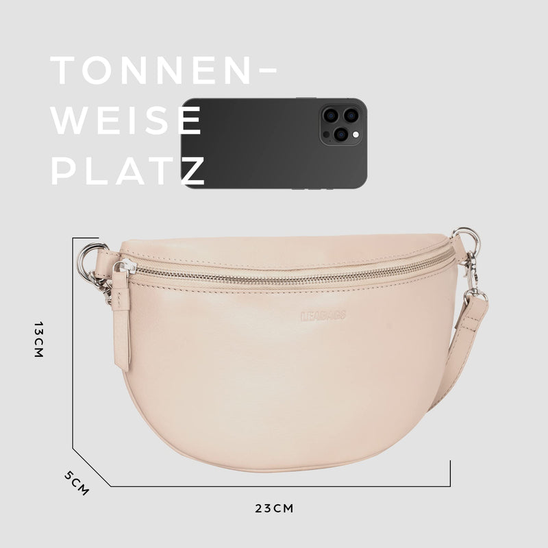 LEABAGS Cali kleine Bauchtasche aus echtem Leder | Gürteltasche mit Reißverschluss | Crossbody Bag für Damen | 23x5x13 cm | Brusttasche Creme Beige