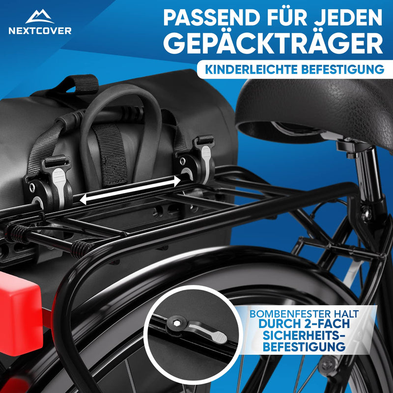 Nextcover® NEU Multifunktionale Fahrradtasche für Gepäckträger [27L] I Gepäckträgertasche für Fahrrad 100% Wasserdicht I Fahrrad Tasche mit Reflektoren inkl. abnehmbarem Schultergurt & Tragegriff