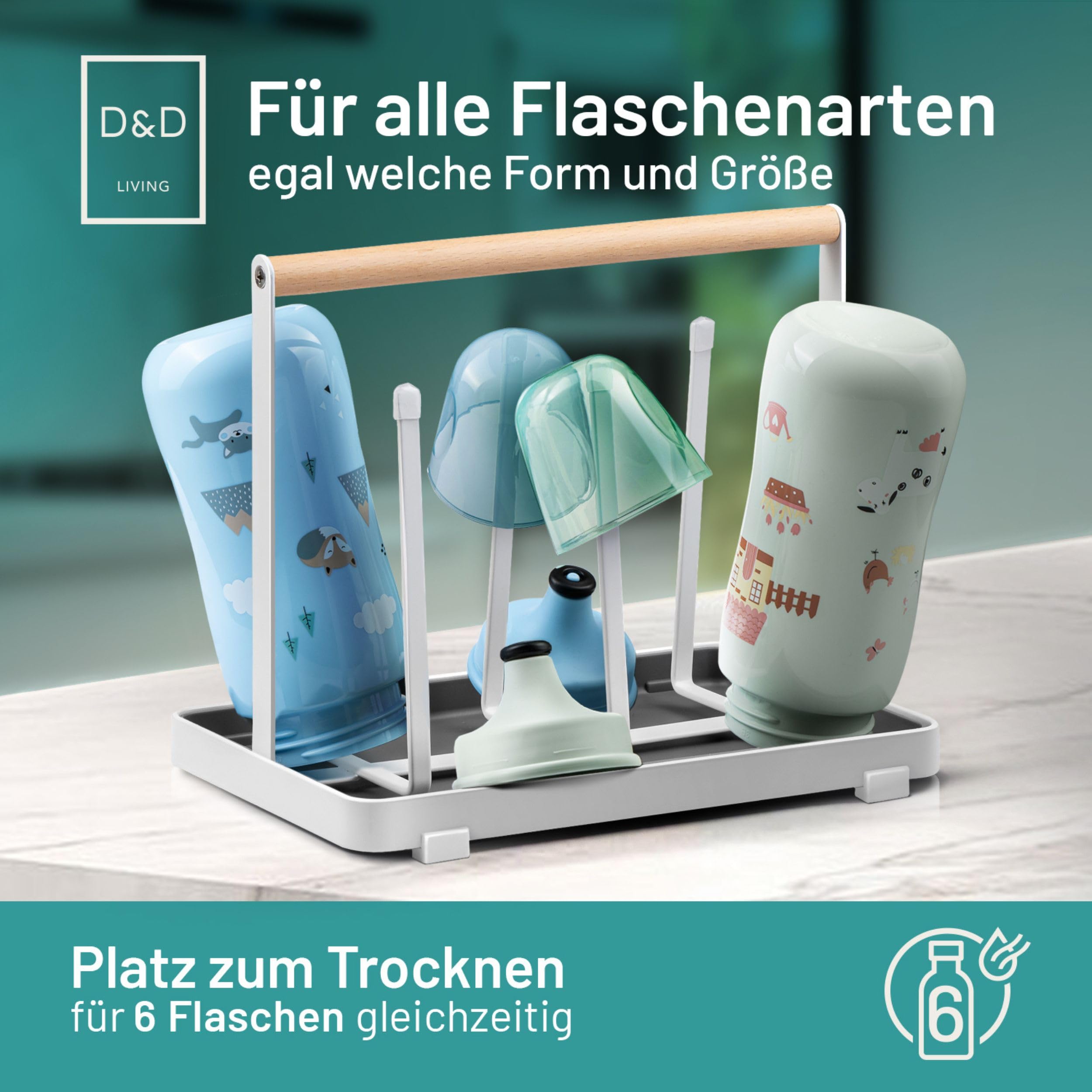 D&D Living All-in-One Flaschenhalter für SodaStream - Abtropfgestell für Flaschen Aller Art: Duo, Crystal, Easy, Trink- und Babyflaschen - Universal-Trockenständer (Metall, Schwarz)