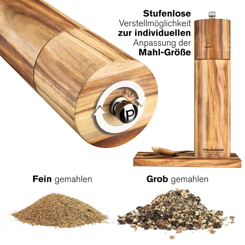 Wolfgangs Salz und Pfeffermühle aus Holz - Edles Gewürzmühlen Set mit Keramikmahlwerk für jede Mahlgröße - Pfeffer und Salzmühle Holz - Pfeffer Mühle mit Extra Untersetzer + Löffel