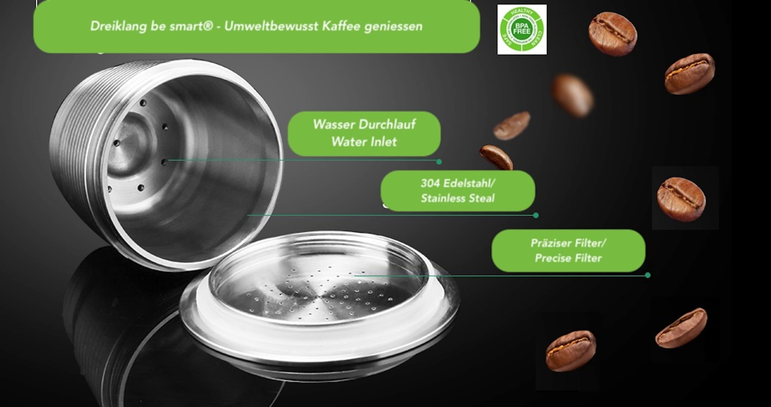 Dreiklang wiederverwendbare, nachfüllbare kompatible Mehrweg Kaffeekapseln mit Tamper aus Edelstahl für Nespresso Maschinen zum Nachfüllen Nachhaltig Umweltbewusst Kaffee genießen Geld sparen