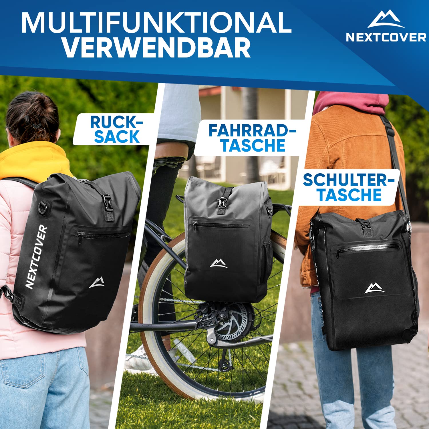 Nextcover® NEU 3in1 Fahrradtasche für Gepäckträger [Aquashield] - Verwendbar als Gepäckträgertasche, Rucksack und Umhängetasche [25 Liter] inkl. Laptoptasche I wasserdichte Fahrrad Tasche (Schwarz)