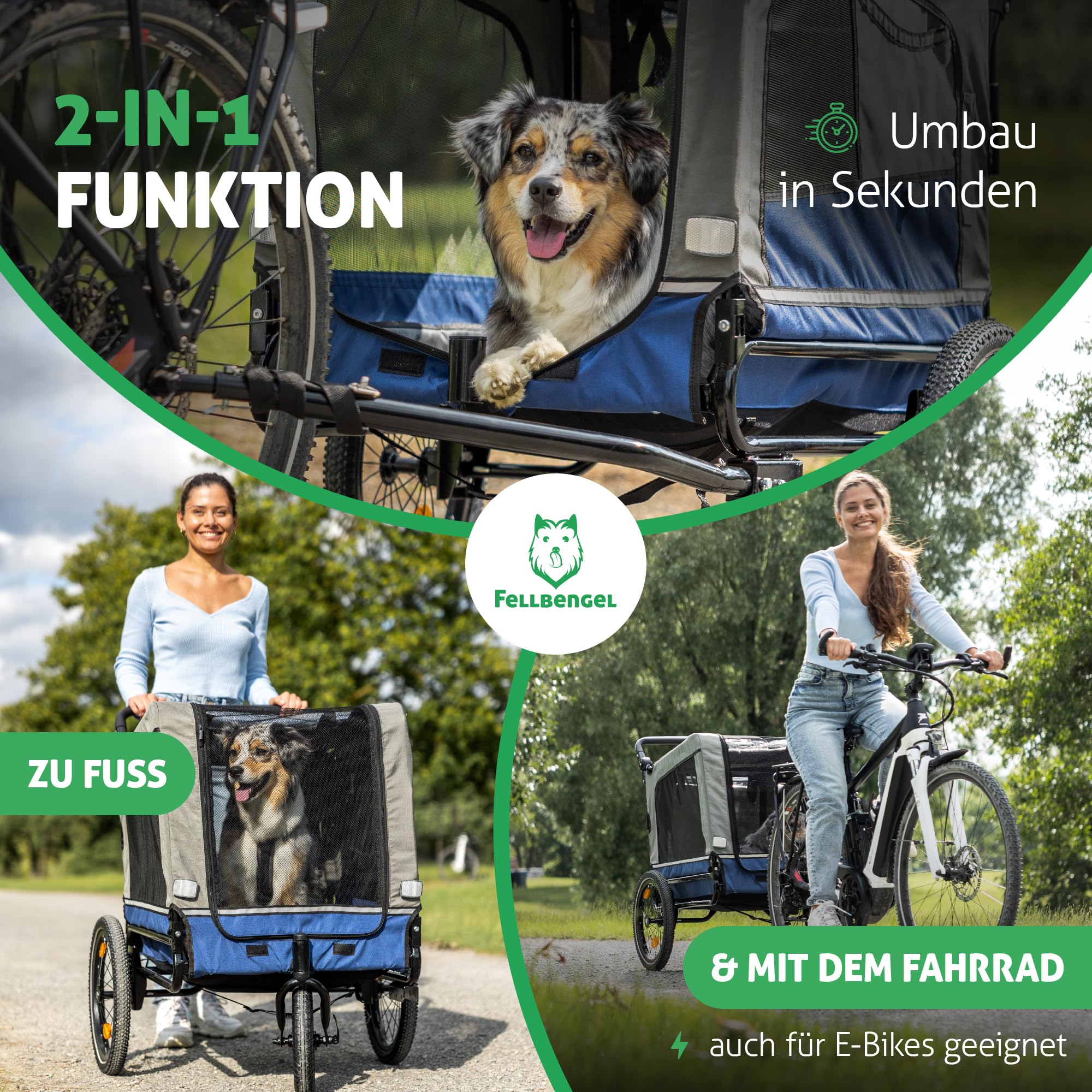 Fellbengel Fahrradanhänger Hunde [E-Bike geeignet] Hundeanhänger für Fahrrad Hundeanhänger gefedert, 2 in 1 Hundefahrradanhänger Hundebuggy bis 40kg - inkl. Kupplung und Luftreifen - faltbar