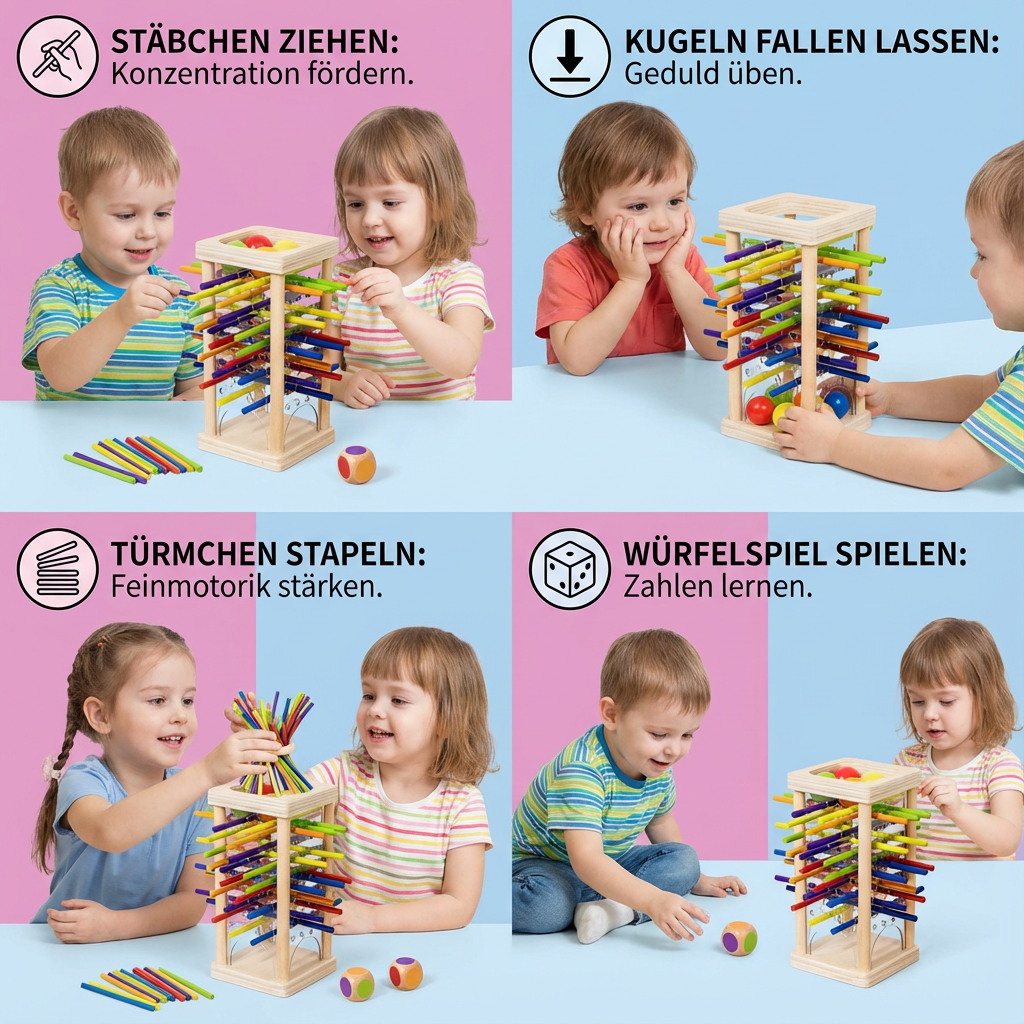 Rebolet | 3-in-1 Montessori Holz Geschicklichkeitsspiel Kugel & Stäbe