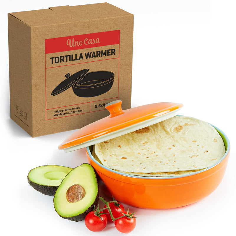 Uno Casa Keramik Tortilla Wärmer – Servieren Sie Tortillas zur Party oder Fiesta zu Hause - geeignet als Pfannkuchen und Chips Aufbewahung- sicher für den Einsatz in Mikrowelle und Ofen – 22cm