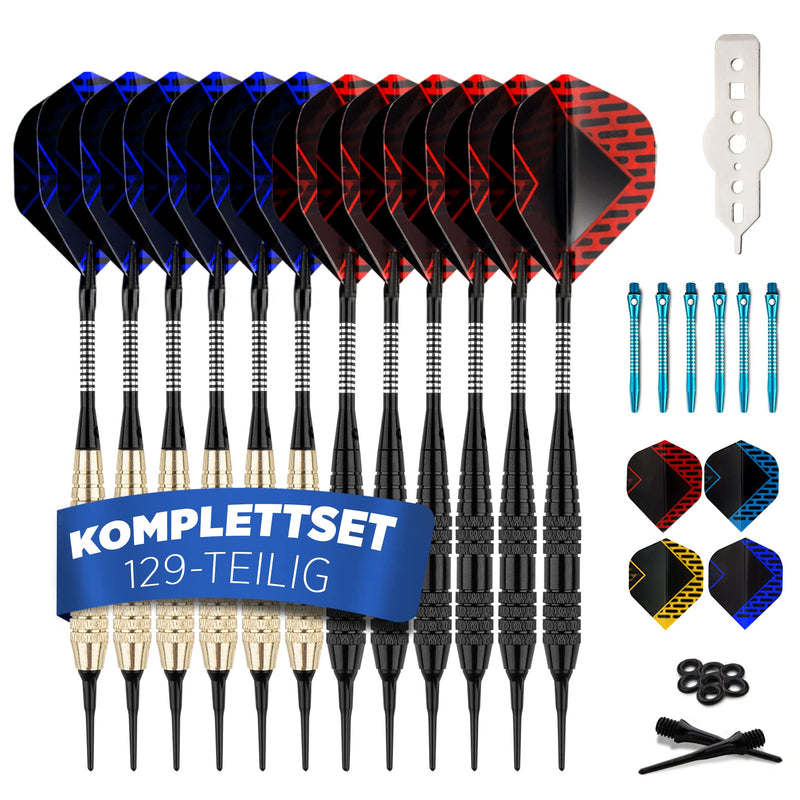 DartPro Dartpfeile mit Kunststoffspitze – 12 Dartpfeile für elektronische Dartscheibe [18g] – Softdarts Set [inkl. 6 Alu Dart Schaft + 21 Dart Flights]