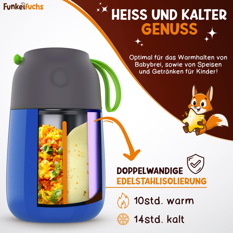 FUNKELFUCHS® Thermobehälter für Essen Kinder – 500ml, Blau Dino – 100% auslaufsicher - Warmhaltebehälter Essen Edelstahl – Thermobecher Essen – Thermo Lunchbox Kinder – Warmhaltebehälter Babybrei