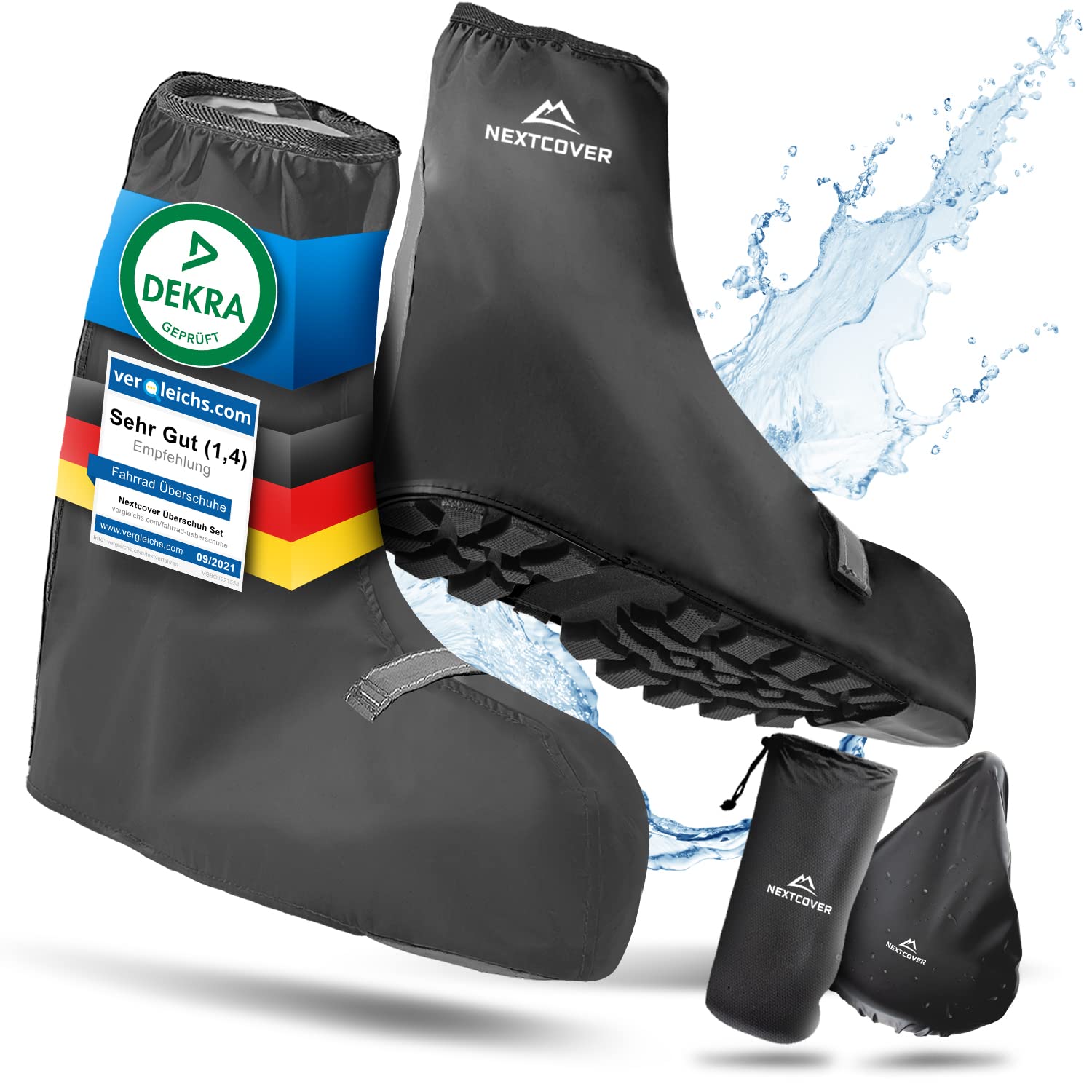 Nextcover Universelle Überschuhe Fahrrad I 100% Wind-& wasserdichte Fahrrad Überschuhe für effektiven Schutz vor Nässe I Reflektierende Regenschutz Schuhe I Schuhüberzieher Fahrrad (Schwarz, 40-43)